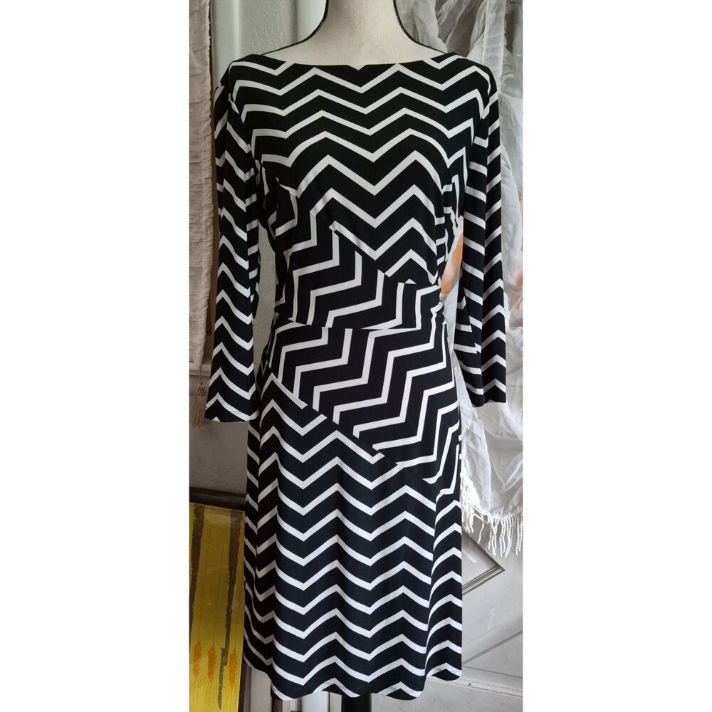LAUREN RALPH LAUREN Black White Zig Zag Print Faux Wrap Stretch Dress Size 12